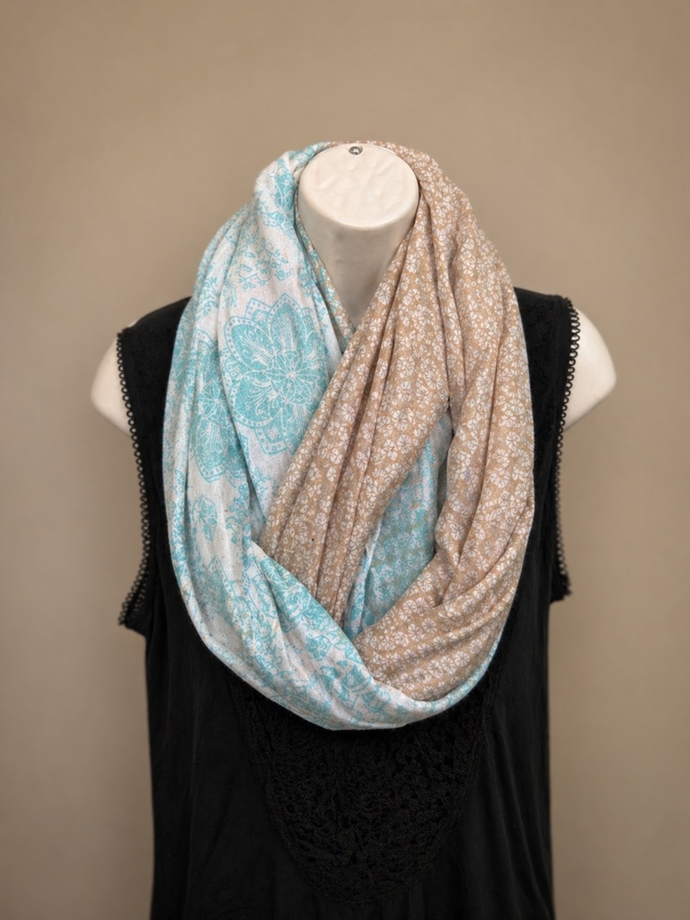 Light Blue and Beige Reversible Infinity Scarf - Women Accessories
